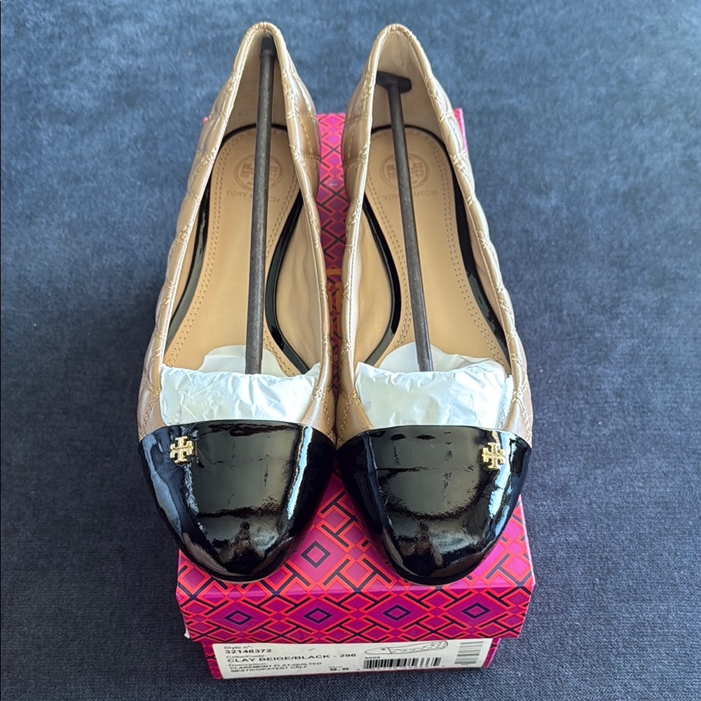 NWT Tory Burch Black and Tan Quilted Flats with Patent Leather Toe Cap
